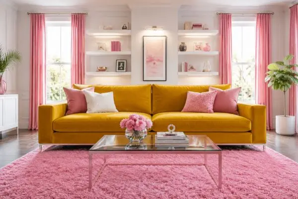 A luxury colorful sofa styled in a bright clean pink and white modern living room layout with large windows.