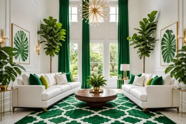Modern white sofa and loveseat set in a bright green themed living room layout.