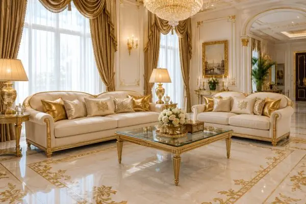 Traditional cream fabric sofa and loveseat set in a luxury gold themed living room.