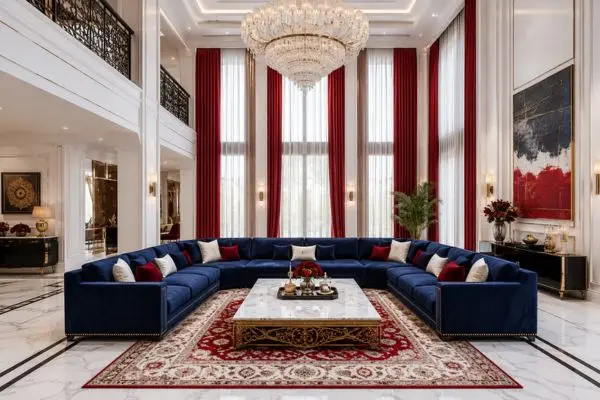 Deep blue velvet curved seating arranged on a red patterned traditional rug under a grand crystal chandelier