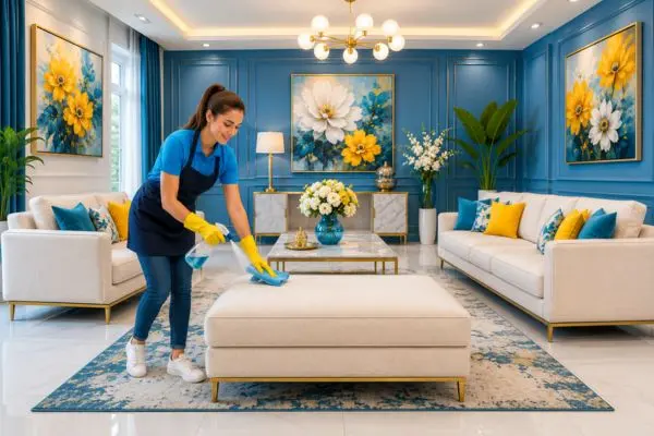 Step by step furniture maintenance process using specialized upholstery cleaning tools