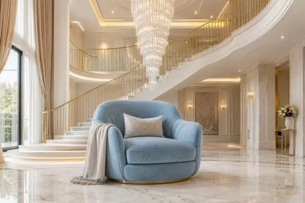 Powder blue comfortable accent chair styled with a decorative cushion and blanket in a luxury lobby.