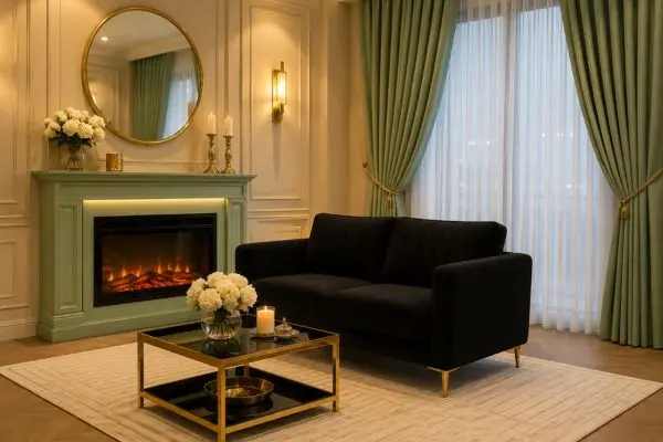 Small black velvet sofa with gold legs in a cozy mint green and beige living room.