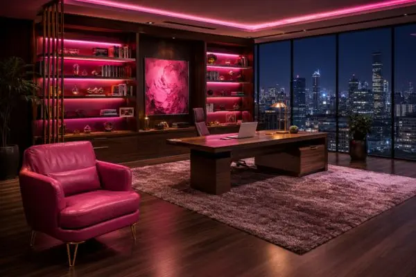 Pink luxury executive armchair in a modern neon-lit corporate room at night.