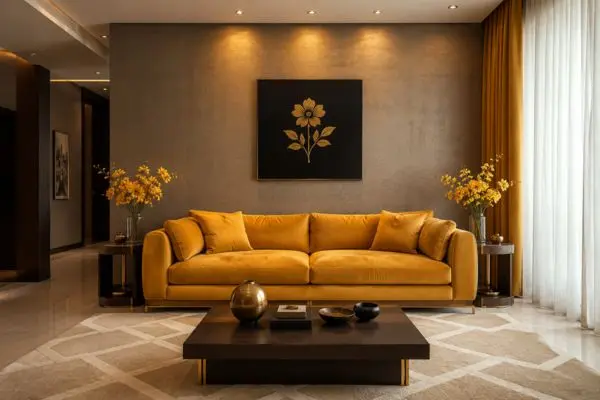 A luxury mustard yellow couch styled against a textured neutral wall with warm ambient spotlighting.