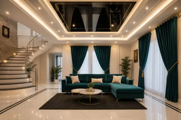 Deep teal velvet contemporary seating arrangement with beige pillows on a black rug.