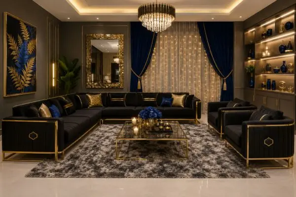 Luxurious dark seating arrangement arranged with gold cushions and royal blue curtains in a modern palace room.