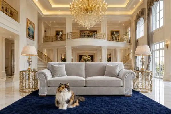 Tri-color Calico Persian cat resting on a dark blue carpet in a luxury double-story palace
