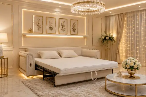 Extended traditional cream and gold pull out sofa bed in a luxury living room.