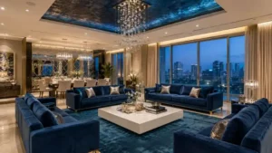 Multiple luxury royal blue sofas arranged in a modern penthouse living room.
