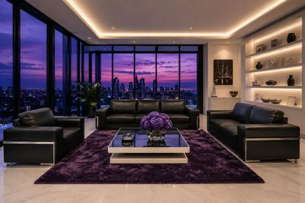 Complete 3-piece modern black leather sofa set on a purple rug in a luxury penthouse living room.