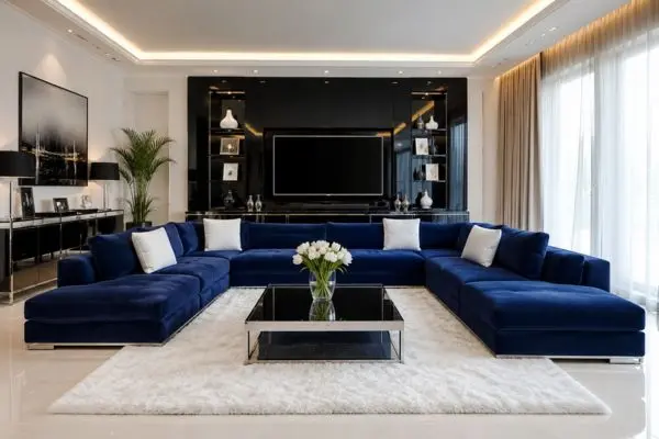 Large modular blue sectional sofa in an ultra modern living room with a black media wall