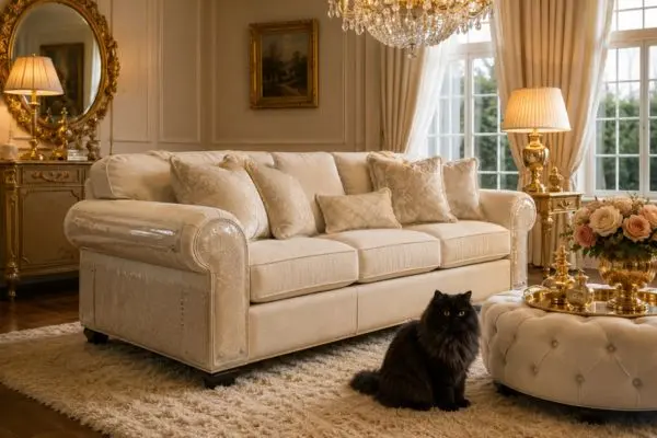 Beautiful black Persian cat relaxing next to a luxury ivory colored rolled-arm sofa

