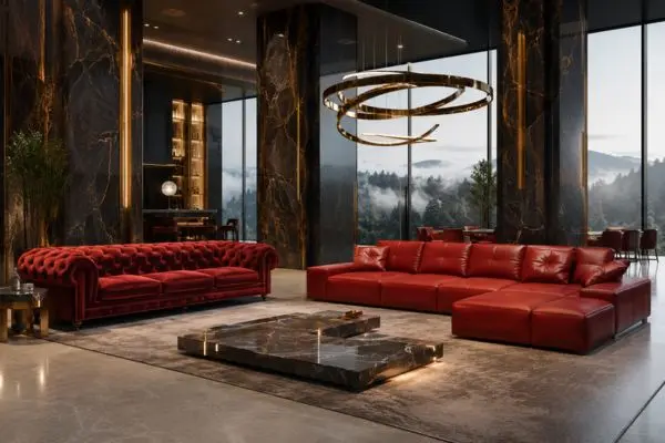 Luxury velvet chesterfield and modern leather sectional red sofas displayed in a grand interior.