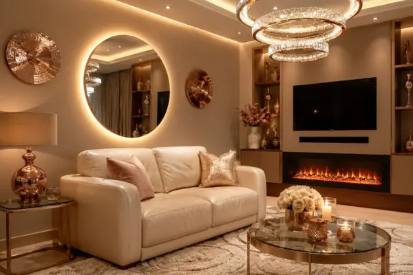 A single compact cream leather sofa in a luxurious warm beige modern living room setup.