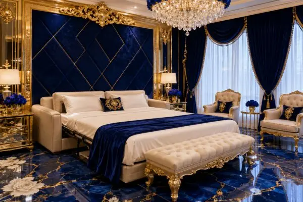 Unfolded luxury sleeper sofa bed mattress in a royal blue and gold master bedroom.