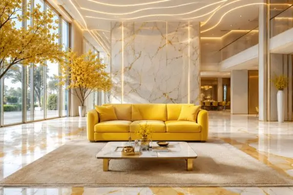 Modern premium yellow sofa fully visible in a luxury marble living room