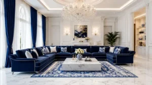 Luxury U-shaped royal blue velvet sectional sofa in a modern living room