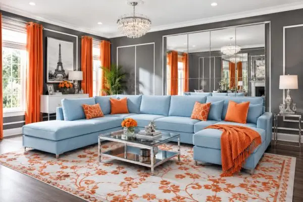 Proper upholstery cleaning and fabric maintenance inside a modern grey and orange living room setup