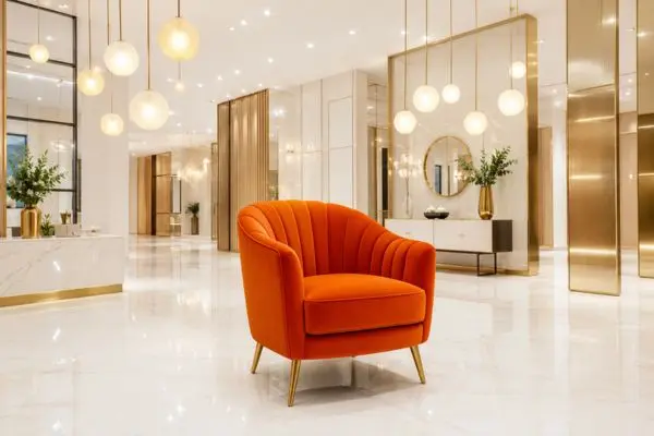 Vibrant orange luxury modern accent chair on a polished white marble floor inside a bright showroom.