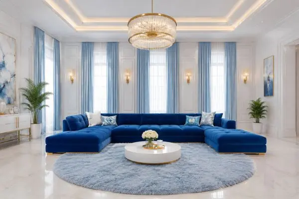 Modern U-shaped blue sectional sofa in a bright white living room layout