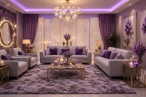 A minimalist modern sofa set in a luxurious lavender and purple themed living room.