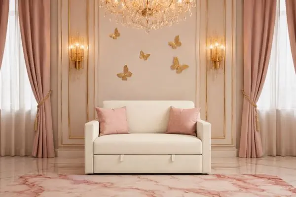 Compact cream 2 seater small pull out sofa design in a pink luxury interior.