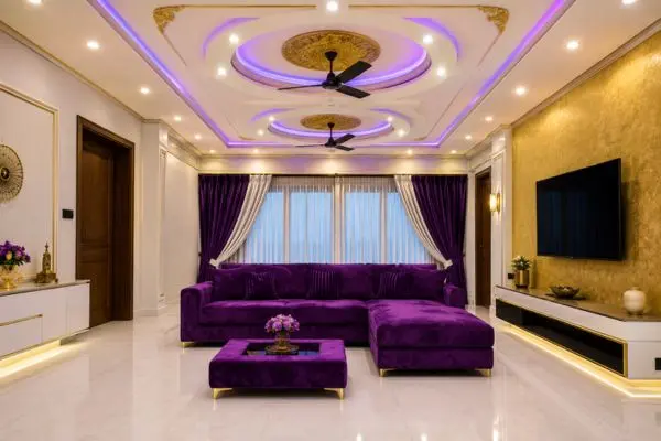 Deep purple velvet Ashley sofa chaise in a luxury royal living room layout.