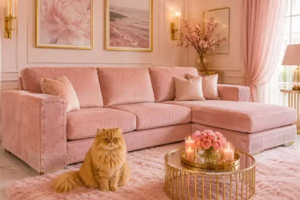 A fluffy long-haired ginger Persian cat sitting near a pink velvet couch with transparent scratch guards.