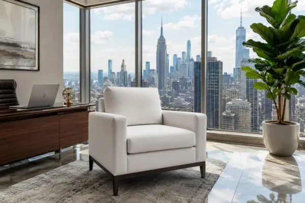Premium white leather office sofa chair in a luxury high-rise corporate executive office.