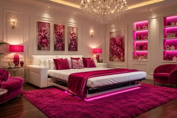 White pull out sofa bed extended in a luxury magenta themed room.
