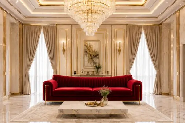 A premium crimson red velvet sofa in a bright luxury living room with gold moldings.