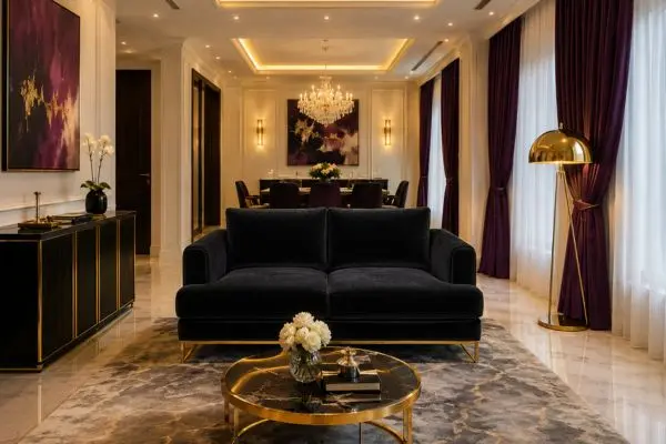 Elegant dark velvet two-seater seating styled inside a luxury plum and gold interior.