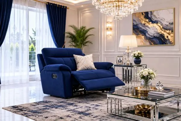 A blue modern small reclining sofa with an extended footrest mechanism in a luxury living room.