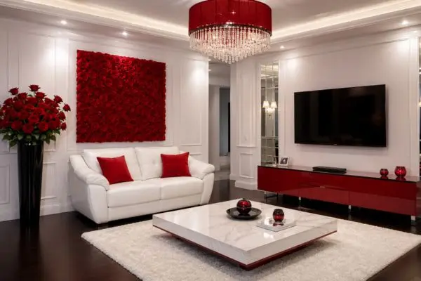A compact small white leather loveseat sofa under a red rose wall art panel.