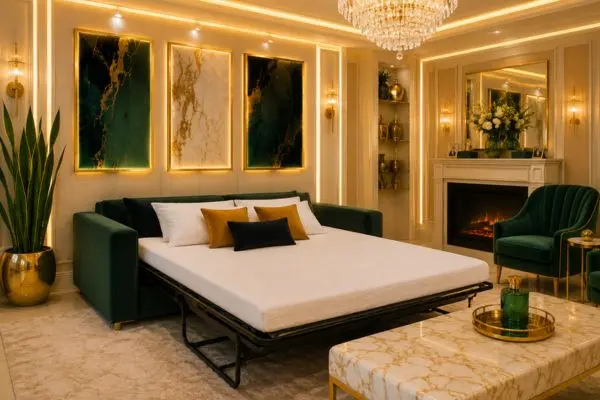 Emerald green luxury sleeper sofa bed mattress unfolded in a gold theme living room.