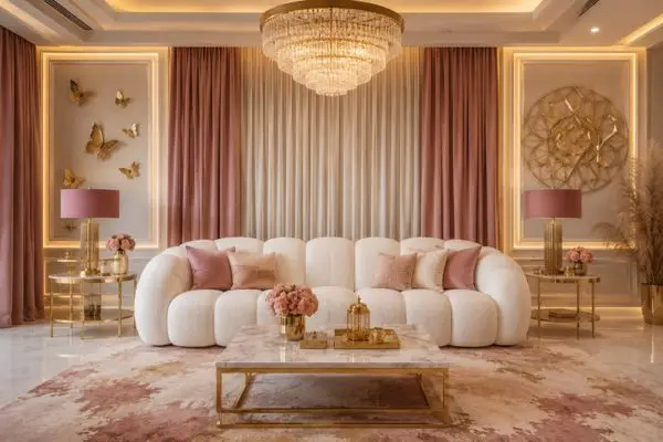 White boucle bubble sofa in a luxurious dusty rose pink and gold living room