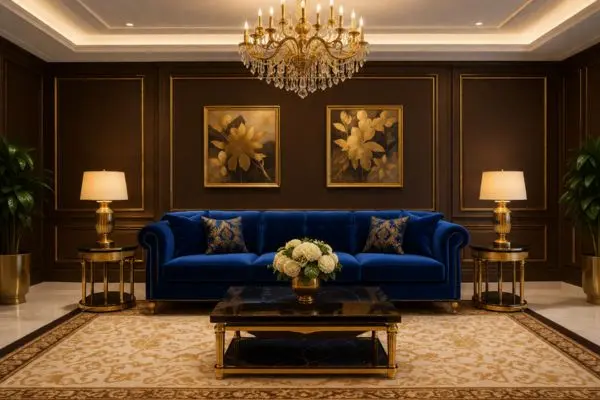 A luxury blue velvet sofa showcased in a modern dark brown and gold living room interior.