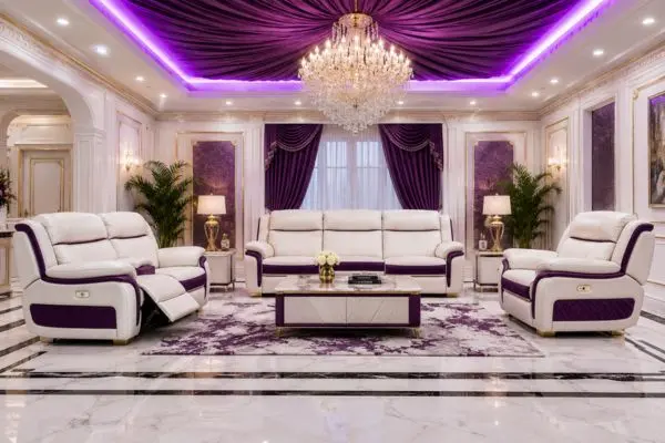 Luxury white leather recliner sofa set with purple velvet accents in a glamorous living room.