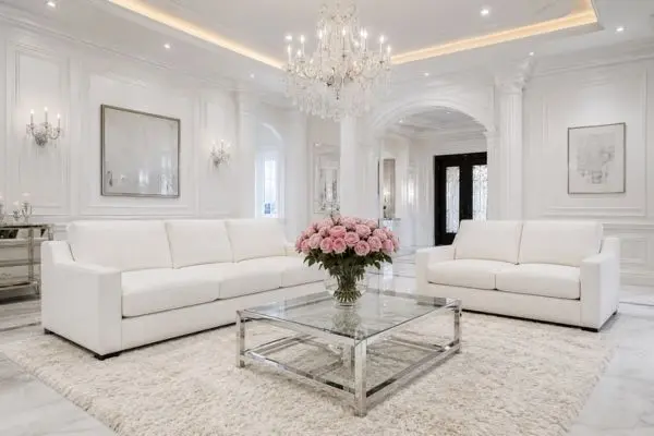 Pristine white fabric couches and pink rose floral centerpieces in a bright luxury living room.