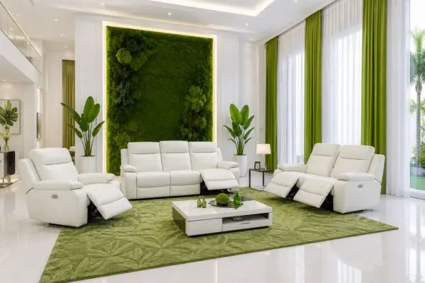 Modern white leather recliner sofa set configurations in a luxury green-themed living room.