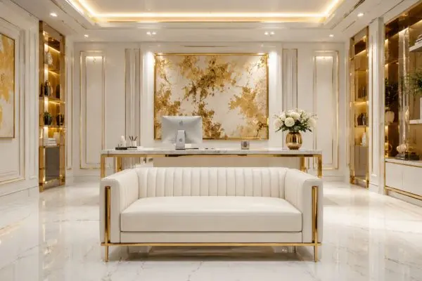 Compact white leather small office couch with gold trim inside a luxury marble workspace.