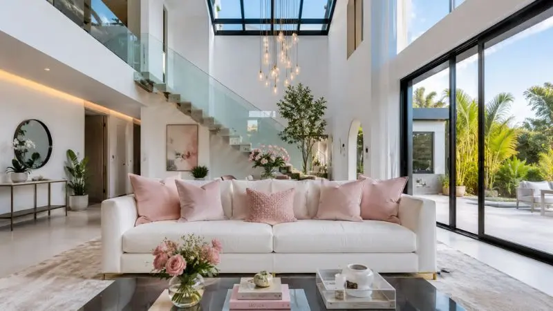 Luxury modern white sofa styled with elegant blush pink throw pillows