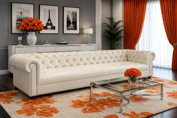 Premium off white tufted leather couch on an orange floral area rug