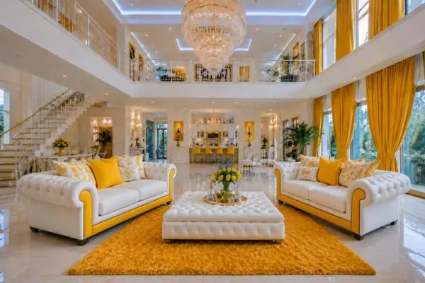 White and sunflower yellow two-seater loveseat and matching large couch in a luxury double-height room.