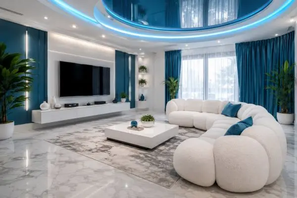 White modular bubble sofa in a modern teal and marble luxury living room
