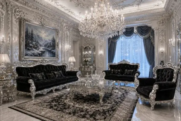 Complete 3-piece luxury black velvet sofa set with ornate silver frames in a baroque living room.