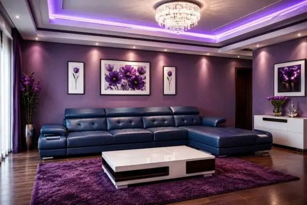 Complete modern blue leather sectional sofa in a luxury room with purple walls.