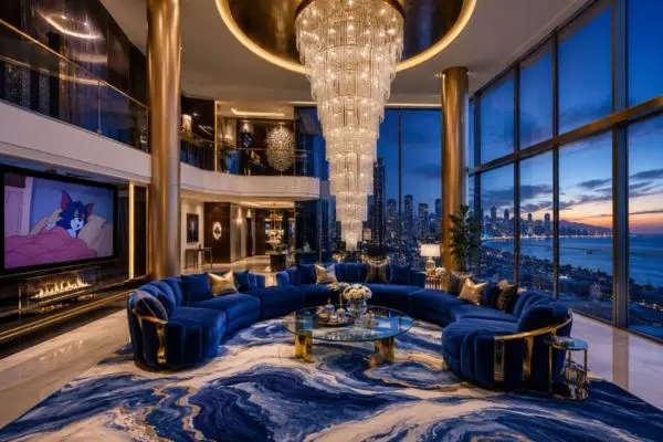Luxury curved royal blue sectional sofa in a modern penthouse living room with a giant chandelier and city view.