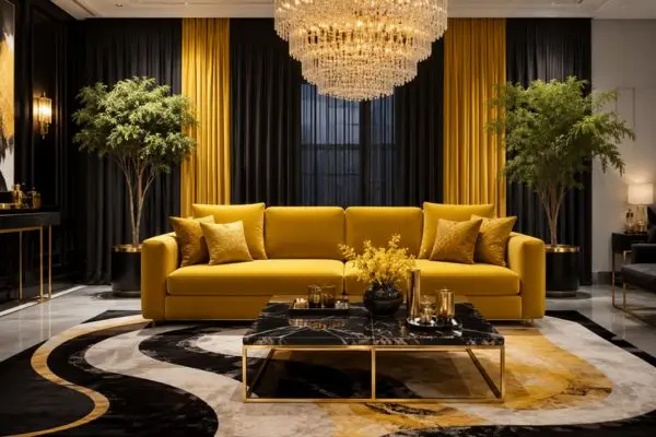 A premium mustard yellow couch set against dramatic black and yellow curtains with a crystal chandelier.